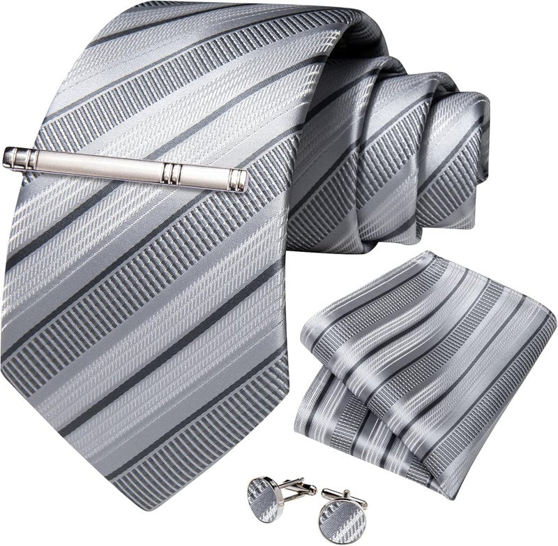 DiBanGu Mens Striped Tie Silk Woven Necktie and Pocket Square Cufflinks Tie Clip Set Wedding Business Formal Gift Tie for Men - Image 2